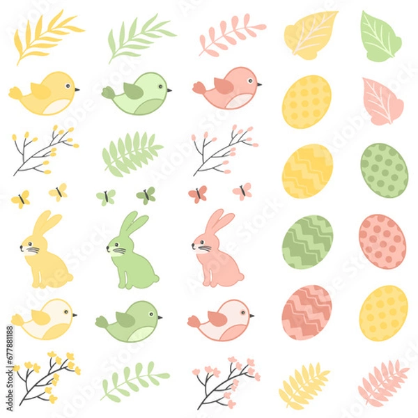 Fototapeta Easter and spring set with cute bunnies, chicks, baskets of flowers, sheep and Easter eggs. Spring and Easter collection of cute animals, flowers and decorations. Ideal for poster, card, scrapbooking,