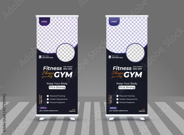 Fototapeta minimalist and sample gym roll up banner design, gym and fitness roll up banner design layout, commercials banners mockup, colorful marketing pull up advertisement retractable  banner design in illust