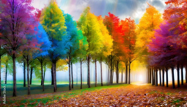 Obraz a row of colorful trees in a fantastic landscape of the forest rainbow spectrum autumn in a fairy tale