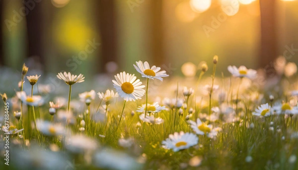 Obraz idyllic daisy bloom abstract soft focus sunset field landscape of white flowers blur grass meadow warm golden hour sunset sunrise time tranquil spring summer nature closeup bokeh forest background