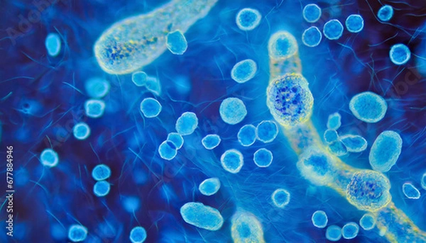 Obraz beautiful electronic microscopy of bacteria fungi fantasy microbiology in blue tones microscopic life generative ai
