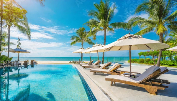 Obraz panoramic holiday landscape luxury beach poolside resort hotel swimming pool beach chairs beds umbrellas palm trees relax lifestyle blue sunny sky summer island seaside leisure travel vacation