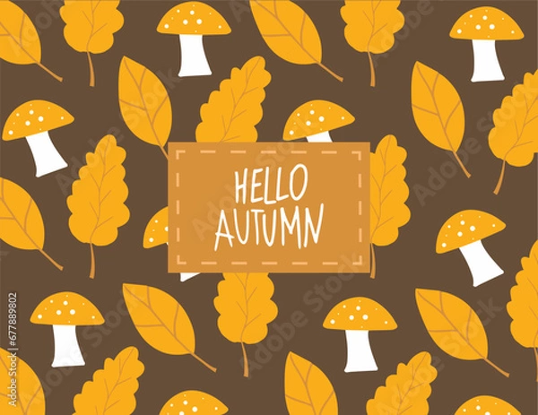Fototapeta Vector drawing of autumn leaves and mushroom, vector pattern on a dark background. Pattern for packaging and printing, design elements.