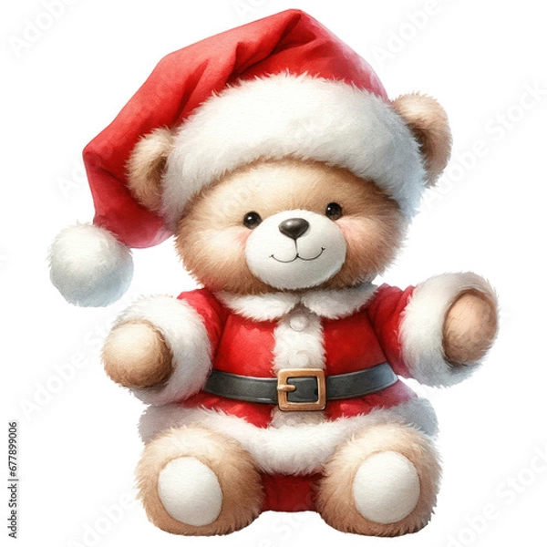 Fototapeta Cute Christmas Santa Claus Teddy Bear Doll, Father Christmas, Watercolor, Festive Decoration Isolated on Transparent Background. Generative AI