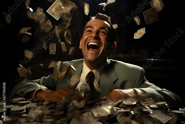Fototapeta A Joyful Man Surrounded by a Cascade of Cash, generative AI