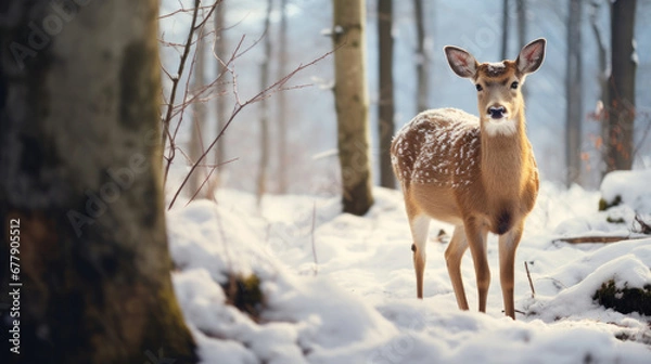 Fototapeta A Serene Deer Is In The Snow-Covered Forest, Background For Banner, HD