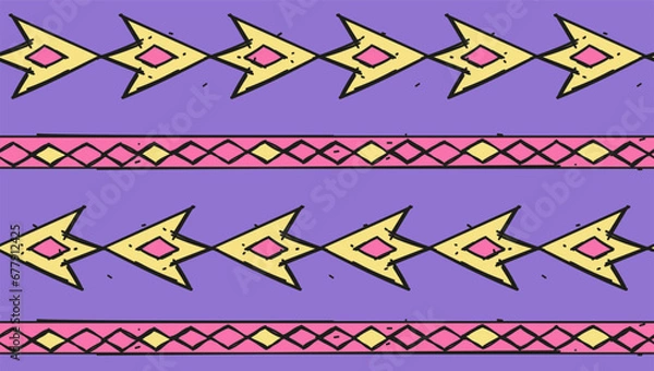 Obraz Multicolored ornament with abstract geometric shapes and rhombus in trendy 80s-90s colors. Vector flat seamless border and motif design