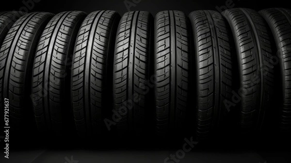 Fototapeta Brand new, pristine car tires showcased in a dark room, highlighted with dramatic lighting to accentuate their cleanliness and quality.