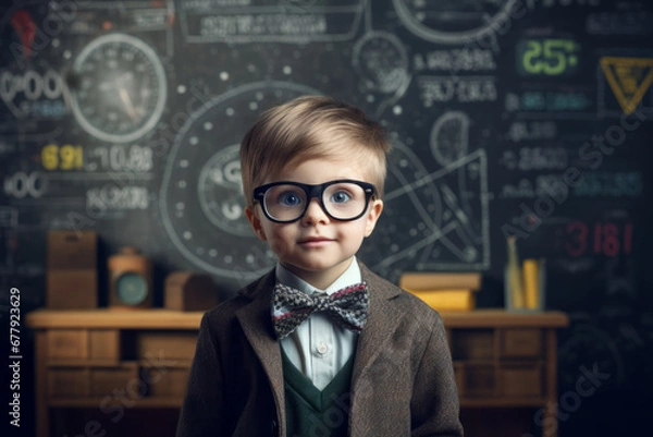 Fototapeta Smart little student in front of a blackboard in a classroom. Clever boy wearing eyeglasses and formal clothes.