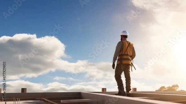 Fototapeta Confident Head Civil Engineer-Architect in is Standing Outside with His Back to Camera in a Construction Site on a Bright Day. Man is Wearing a Hard Hat, Shirt and a Safety Vest.