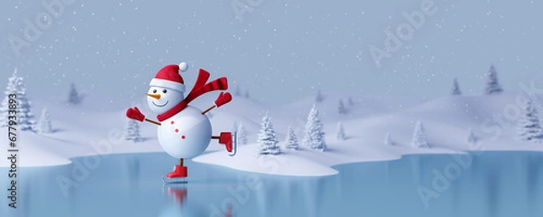 Obraz Snowman with ice skates on frozen lake in winter landscape 3d render 3d illustration