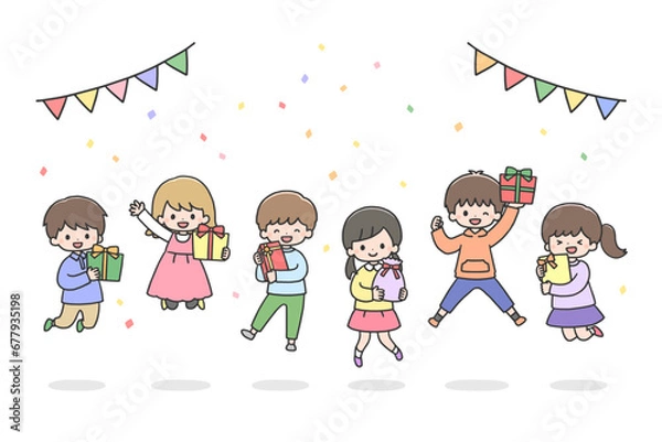 Obraz プレゼントを持ってジャンプする笑顔の子どもたち