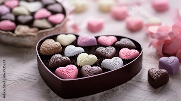 Obraz Heart-shaped chocolates with intricate designs in a heart-shaped box, conveying a sense of luxury, romance, and gourmet sweetness. Perfect Valentine's Day gift.
