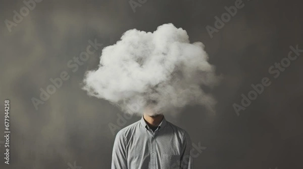 Fototapeta Man with a cloud obscuring his head and face, symbolizing the notion of 'head in the clouds,' illustrating a concept of introspection, detachment, or a dreamy state of mind often associated with depre