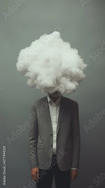 Fototapeta Man with a cloud obscuring his head and face, symbolizing the notion of 'head in the clouds,' illustrating a concept of introspection, detachment, or a dreamy state of mind often associated with depre