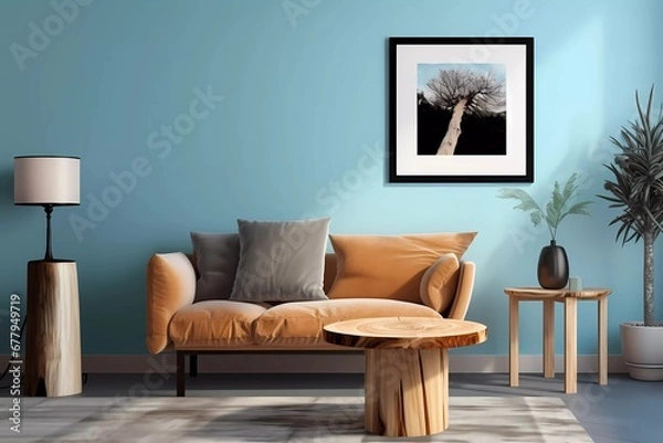 Fototapeta wooden table near black sofa on light blue wall with poster frame. generative ai