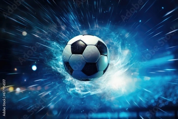 Fototapeta Football is in the goal with blue sky and water spray splashing