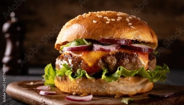 Fototapeta Delicious hamburger served on wooden planks. AI Generated.