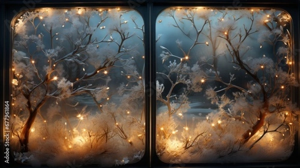 Fototapeta frozen snowflakes in the landscape while the sun rises at dawn snowy ground