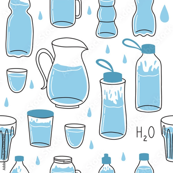 Fototapeta Vector drink more water seamless pattern. Trendy water print with glass, jar, jug and bottle of water on a white background. Don't forget to moisturize. Package design.