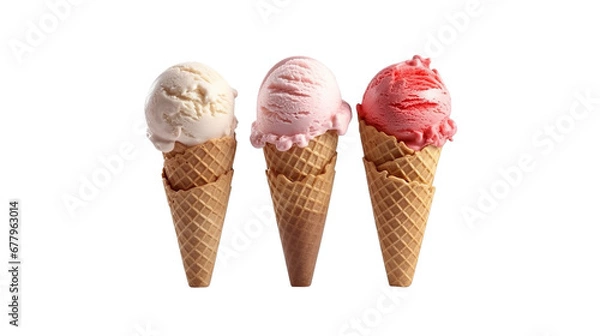 Fototapeta Chocolate, vanilla and strawberry Ice cream in the cone on white background with clipping path, PNG Transparency