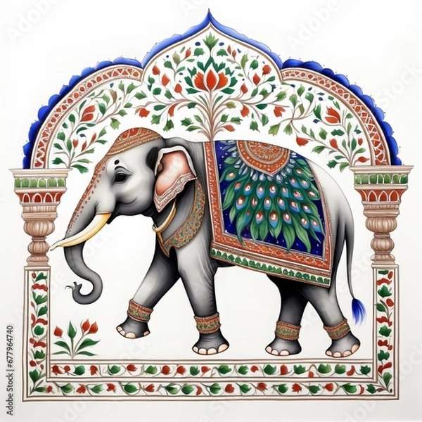 Fototapeta Mughal peacock elephant painting pattern on white background with AI Generative Technology