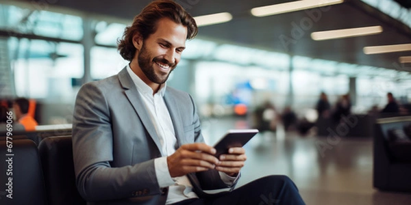 Fototapeta Smiling Businessman in Airport Terminal Melding Business and Travel, Staying Connected with Digital Tablet