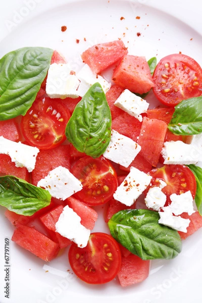 Obraz Salad with watermelon, feta and basil leaves