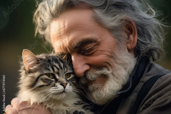 Fototapeta close up of old man hugging his cat bokeh style background