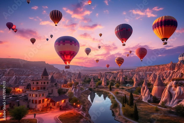 Obraz vibrant hot-air balloons hovering in the sky on sunrise, Cappadocia, Turkey
