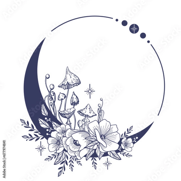 Obraz Line art mystical celestial magic witchcraft elements. Esoteric crescent moon, mushrooms, leaves, stars