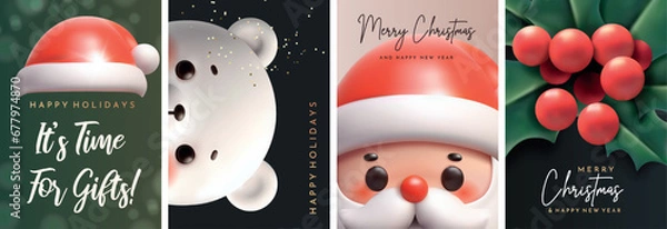 Fototapeta Cute New Year greeting cards. Polar bear, Santa Claus, Santa's hat and holly. Set of Christmas cards with 3D elements.