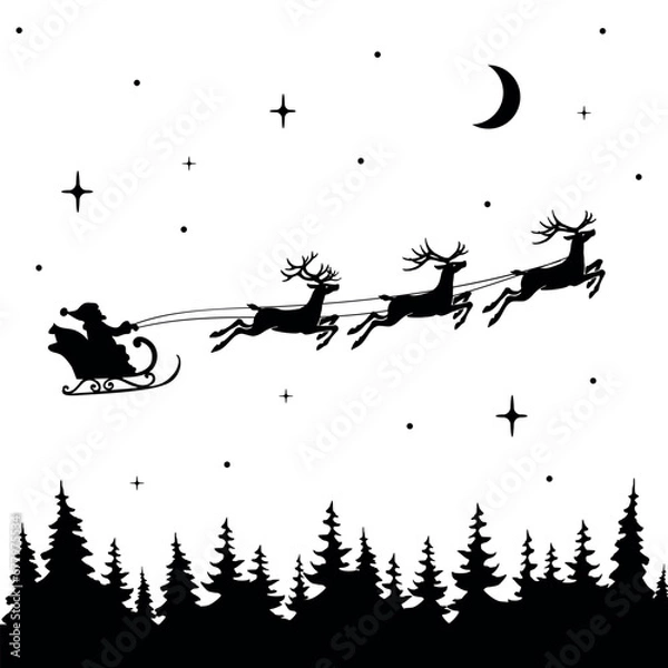 Obraz Flying Santa Claus in a sleigh, silhouette for Christmas decoration. Winter forest, snow and stars, beautiful background for design for the new year. Isolated vector illustration on a white background