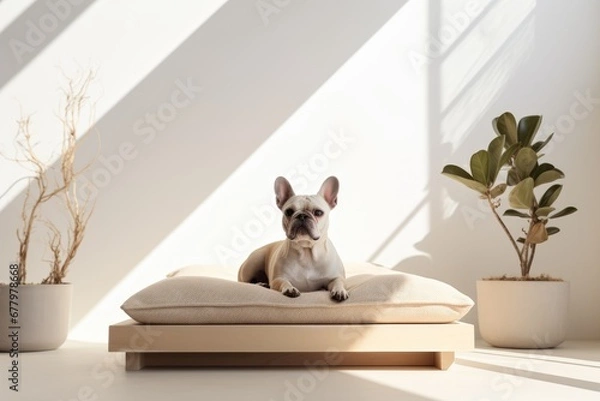 Obraz pet dog lies on the sofa cushions in a minimalist Scandinavian light interior