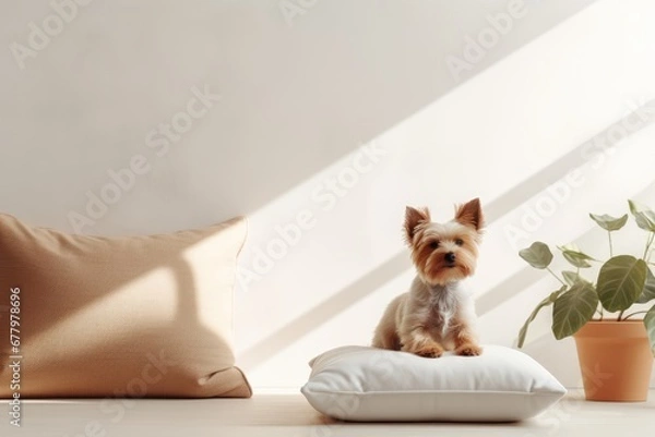 Obraz pet dog lies on the sofa cushions in a minimalist Scandinavian light interior
