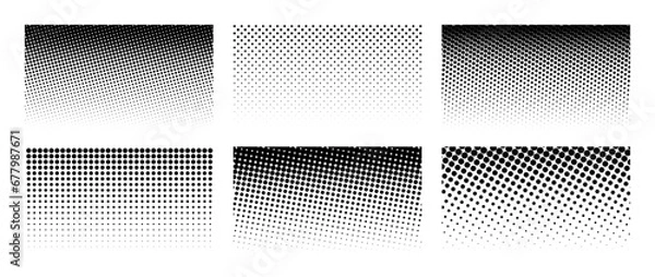 Obraz Set of horizontal halftone gradient backgrounds. Cartoon dots texture wallpaper collection. Black and white comic design cover pack for banner, poster, print. Pop art dotted vector illustration bundle