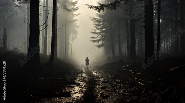 Fototapeta landscape misty path in the forest in the rays of the sun at dawn mysterious view.