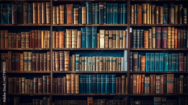 Fototapeta bookshelf background Many old books in a book shop or library. Made with generative ai