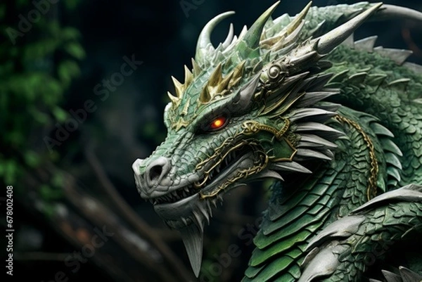 Fototapeta Close-up portrait of a green dragon's head, sharp teeth, muzzle with scales and spikes. Illustration for a computer game