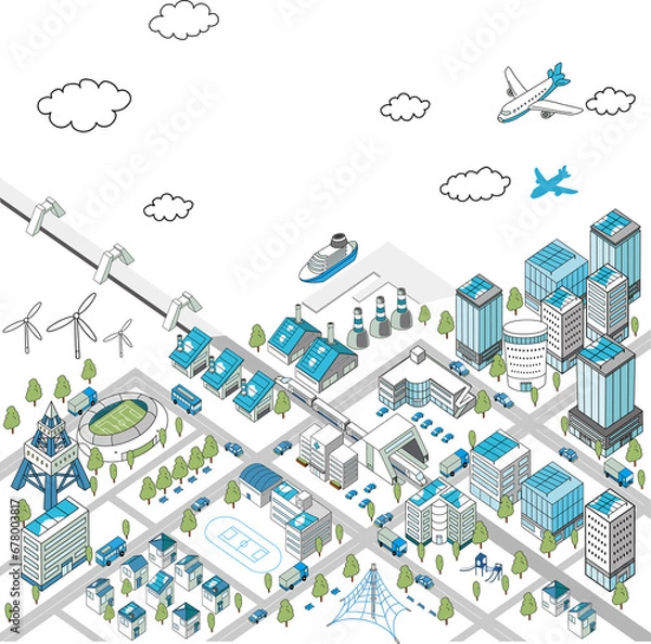 Obraz 海沿いの街並みの俯瞰イラスト