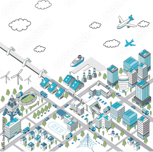 Obraz 海沿いの街並みの俯瞰イラスト