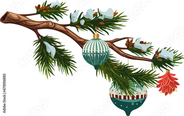 Obraz Christmas tree branch with decorations and snow