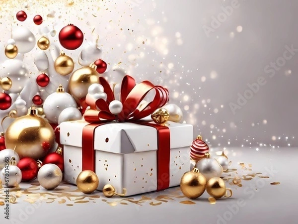 Obraz Wish a Merry Christmas and Happy New Year with a realistic festive gifts background. White with red ribbon presents, golden baubles, and glitter confetti.