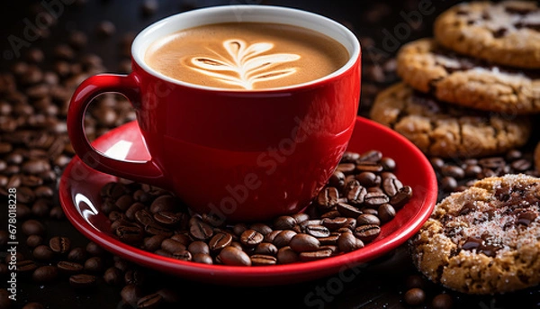 Fototapeta Espresso with latte art in a red cup, coffee beans scattered around, with chocolate cookies.