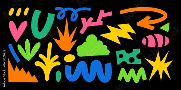 Fototapeta Abstract cloud and flower shapes sticker pack. Vector set of abstract organic shapes. Groovy funky flower, bubble, star, loop, waves in trendy retro 90s 00s cartoon style.