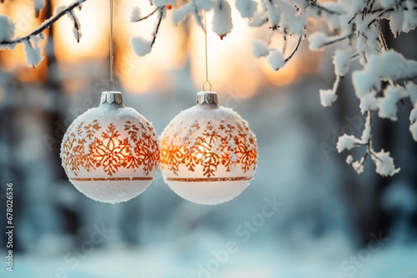 Obraz Christmas background with beautiful golden balls and blurred pine trees.
