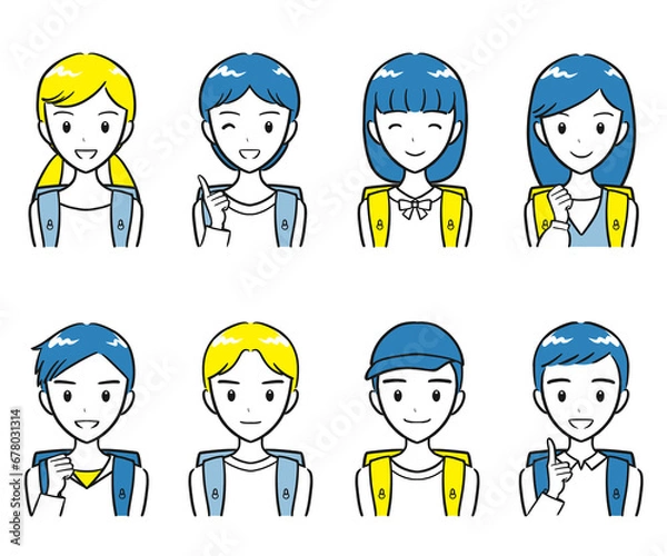 Fototapeta ランドセルを背負った小学生の男子女子　笑顔のアイコンセット（シンプル）