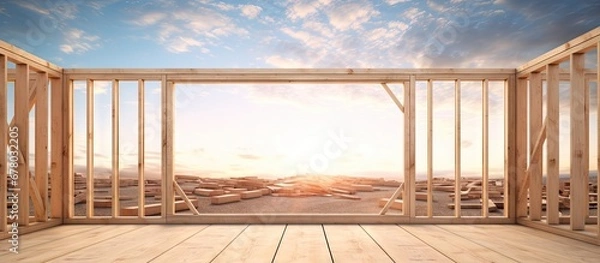 Fototapeta Construction site abstract with wood home framing Copy space image Place for adding text or design