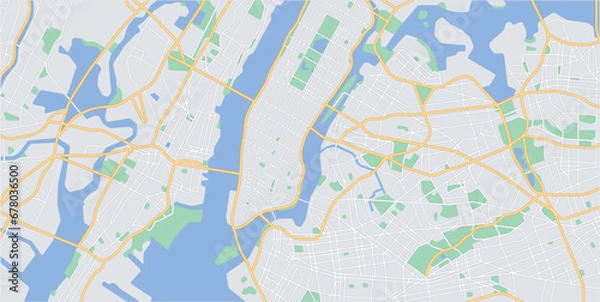 Fototapeta Layered editable vector streetmap of Newyork,USA,which contains lines and colored shapes for lands,roads,rivers and parks.