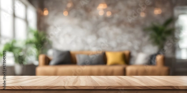 Fototapeta Empty table with abstract blurred background. blur living room. for product display.